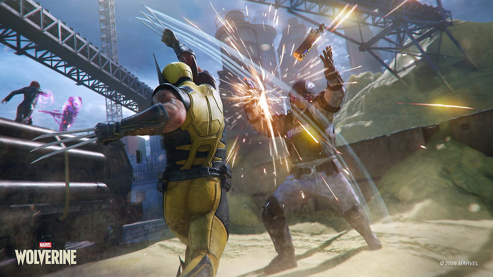 Wolverine strikes an enemy weapon with his claws